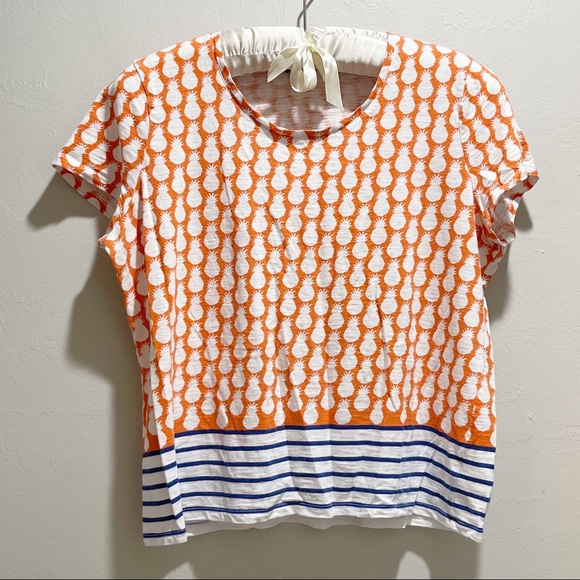 🍍 TALBOTS PETITES Women’s Orange Blue Pineapple Stripe Print Tee